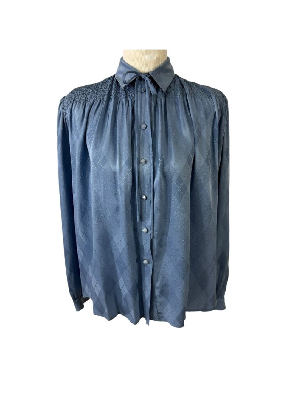 Valentino Boutique Blue Blouse Shirt Size 6 Made in Italy Tie Neck Vintage 1980s